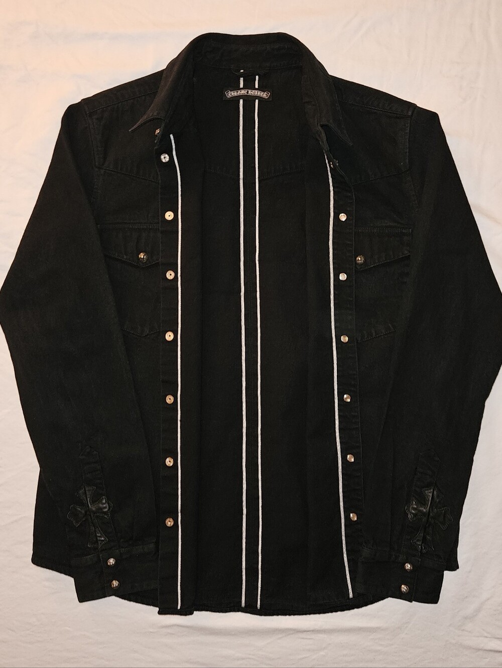 Chrome Hearts Black Cotton Denim Shirt Leather Cross Patch sz XL